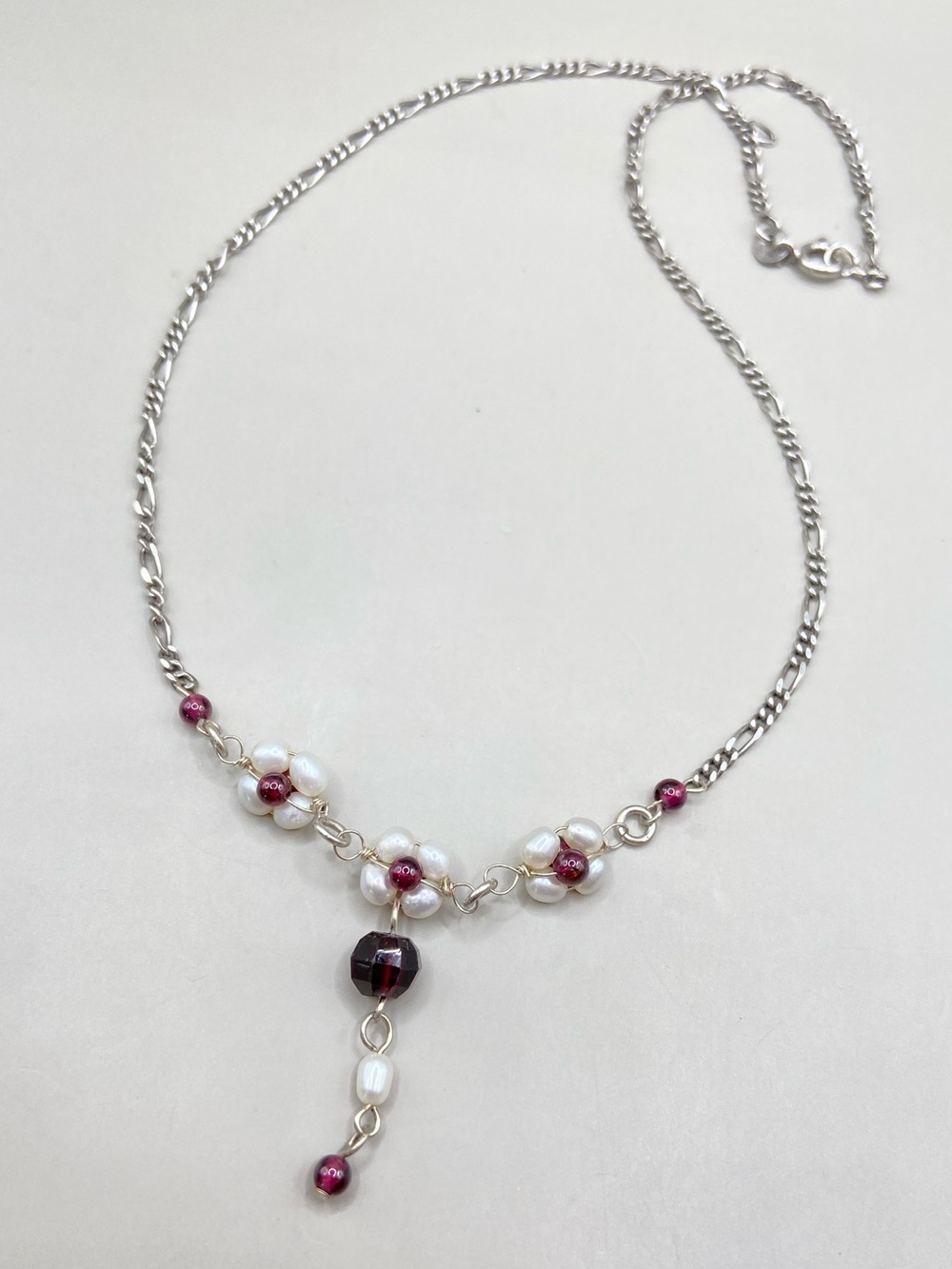 Vintage Sterling Silver Pearl Garnet Floral Drop Necklace - Picture 2 of 5